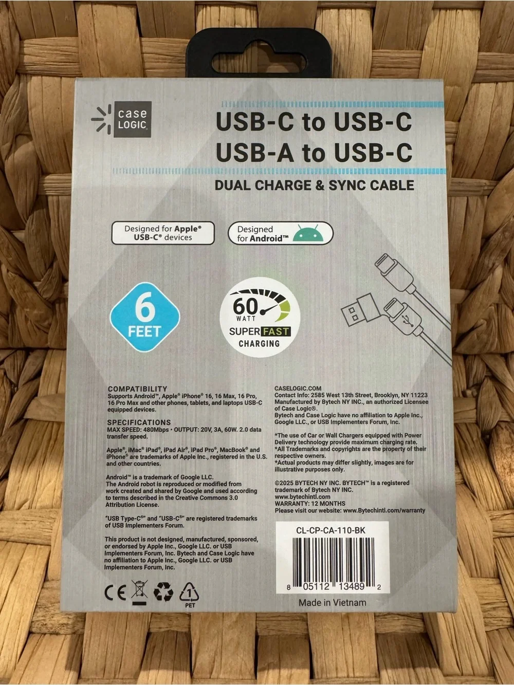 Duel Charging & Sync Cable 6 ft. Black USB-C to USB-C & USB-A to USB-C